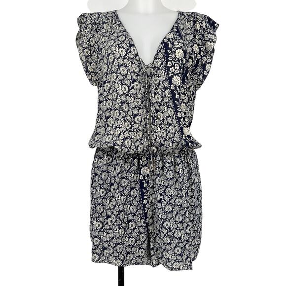 Gypsy 05 Pants - Gypsy 05 Romper Large Navy Blue White Mixed Print Floral Lace Up Beaded NEW BOHO